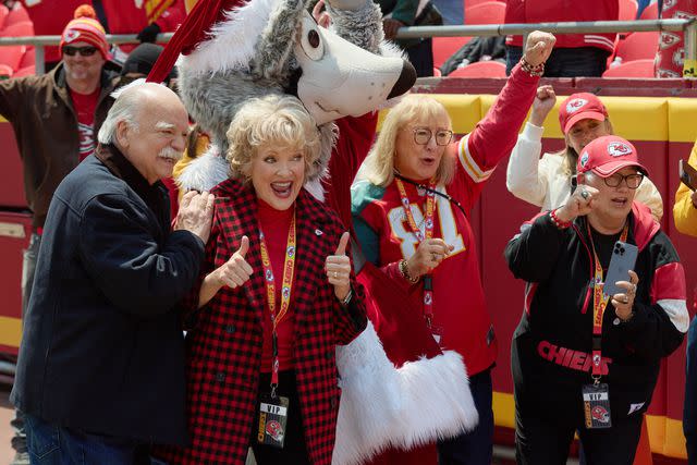 Joshua Haines/Hallmark Media Richard Riehle, Christine Ebersole, KC Wolf and Donna Kelce in Holiday Touchdown: A Chiefs Love Story