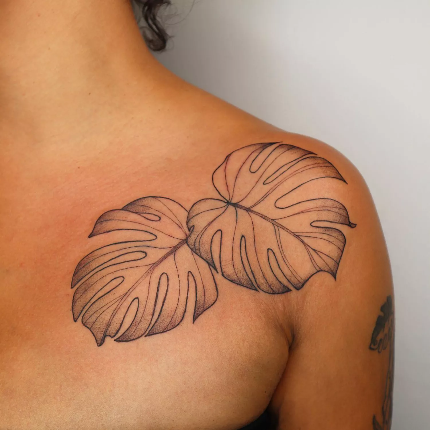 zoomed-in image of model with two large leaf tattoos on collarbone