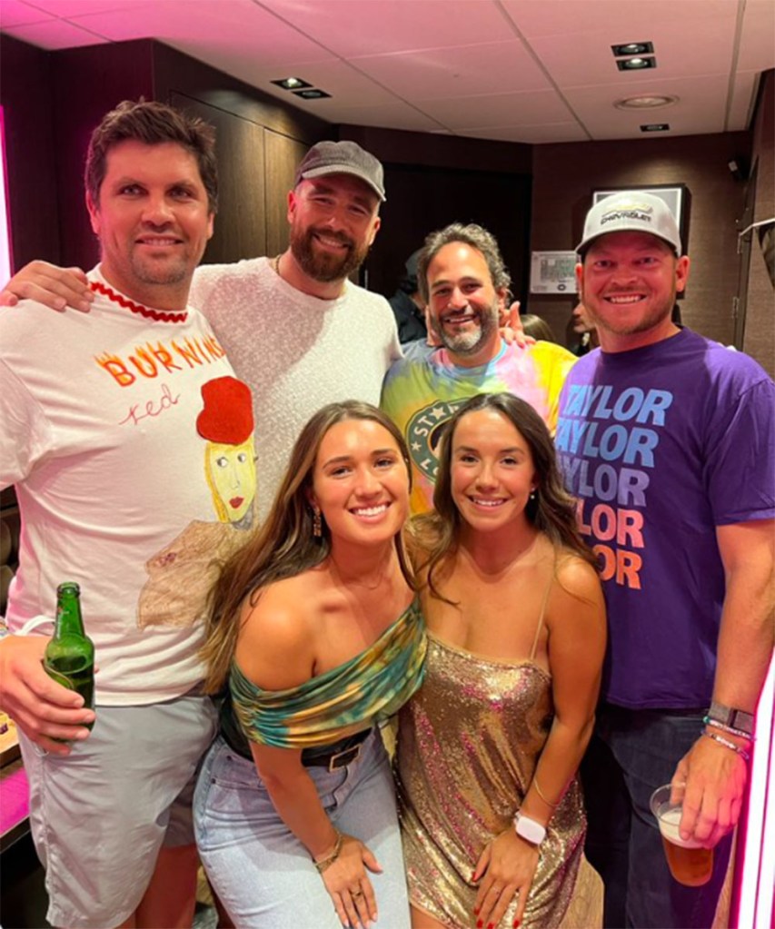 Travis Kelce with Barstool Sports host Sam Riggs Bozoian and friends at Taylor Swift's concert in Amsterdam in July 2024.