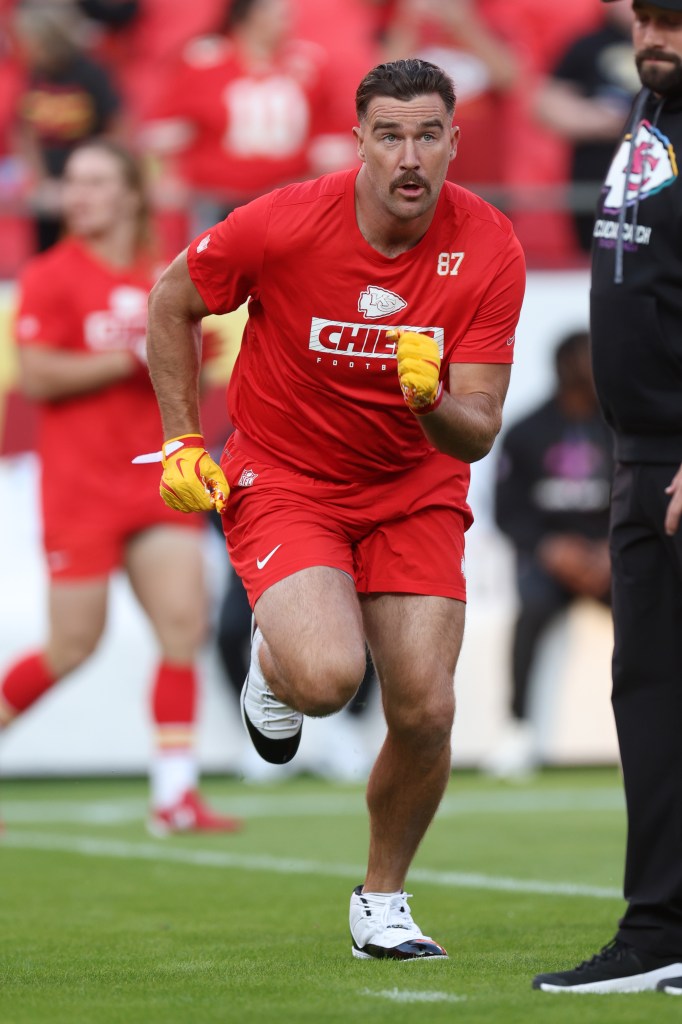 Travis Kelce #87 of the Kansas City Chiefs warms up prior to a game against the New Orleans Saints at GEHA Field at Arrowhead Stadium on October 7, 2024 in Kansas City, Missouri.