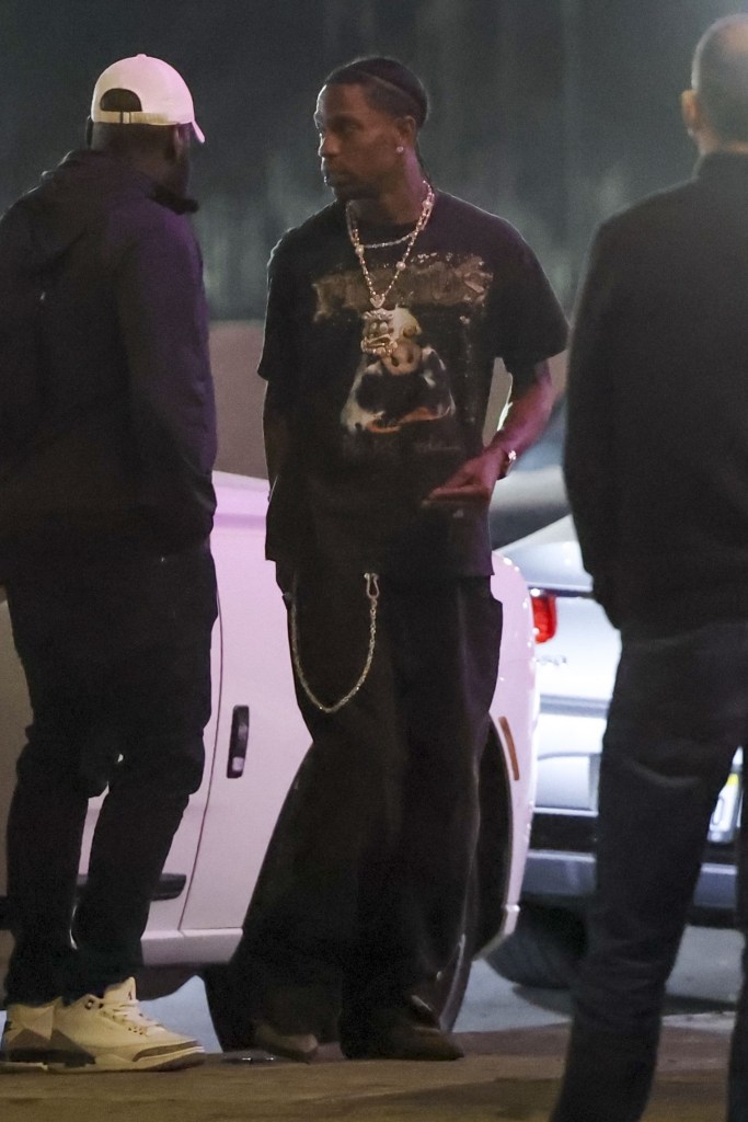 Travis Scott arrives at the Cheetahs Strip club in Los Angeles on Tuesday.