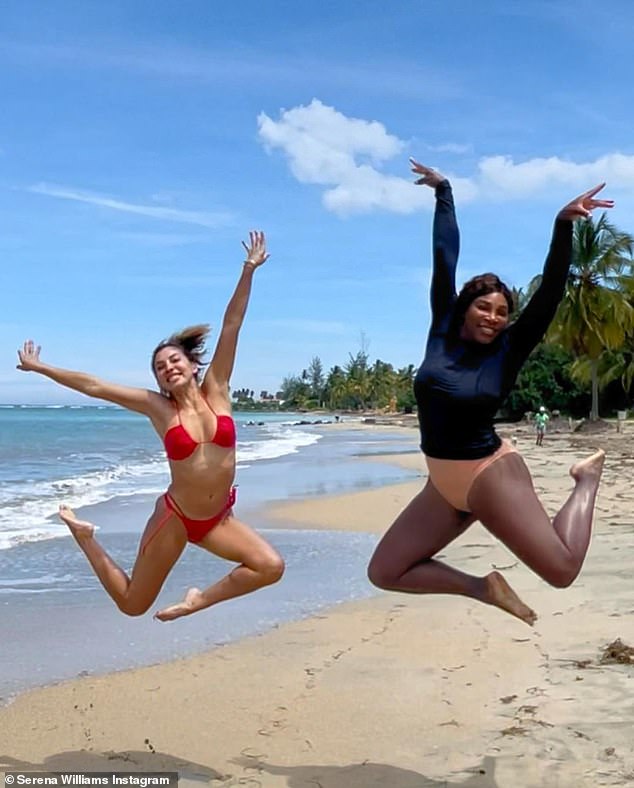 Friends: She also uploaded two more photos with her friend and events specialist Valerie Vogt, who looked incredible in a ditsy red bikini