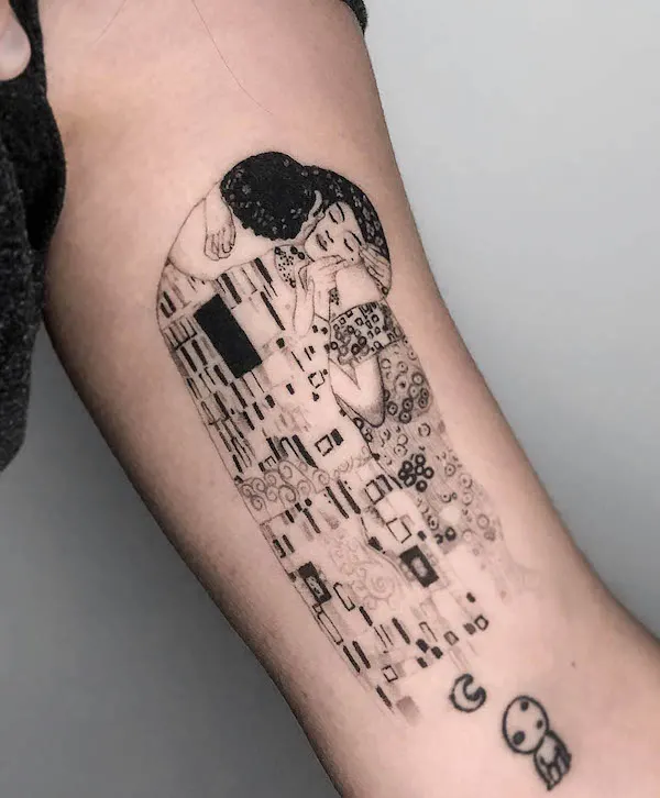 Black and grey Gustave Klimt bicep tattoo by @tiago__dot