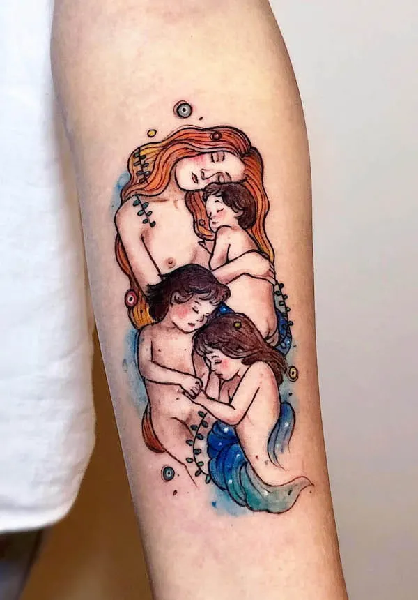 Creative Mother and Child forearm tattoo by @joy_watercolortattoo