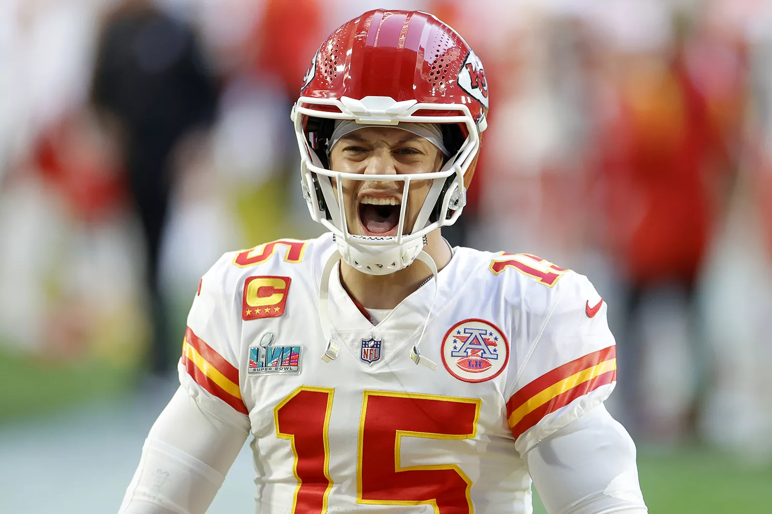 Patrick Mahomes #15 of the Kansas City Chiefs reacts before playing against the Philadelphia Eagles in Super Bowl LVII