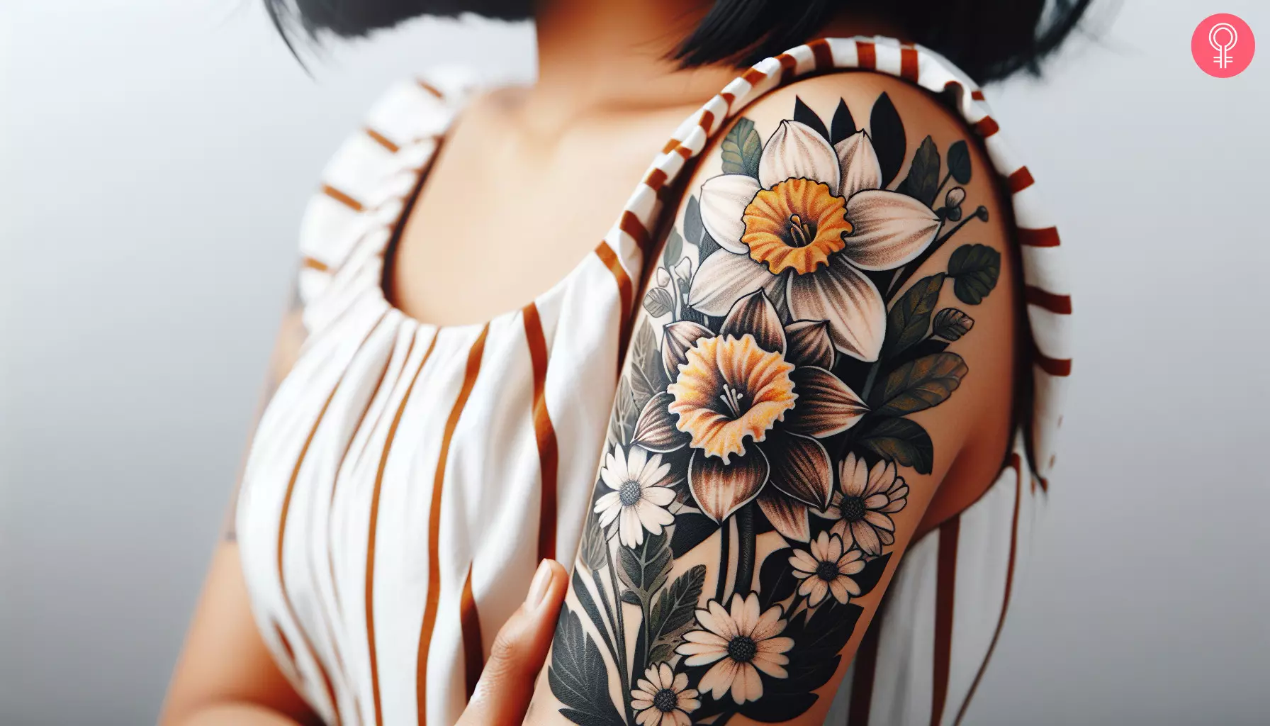 Woman with a daffodil and daisy tattoo