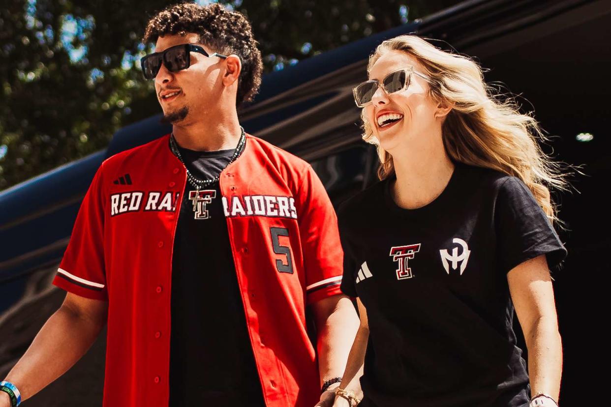 <p>Texas Tech Athletics</p> Patrick and Brittany Mahomes at Texas Tech University on Aug. 23, 2024