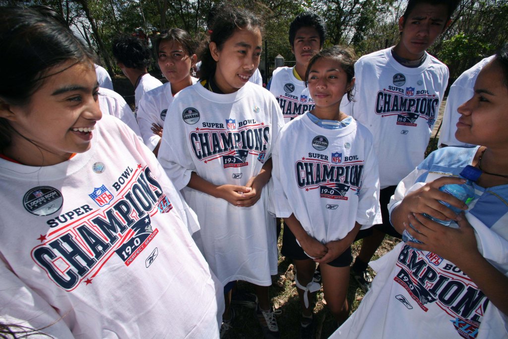 Nicaraguan children on a Buena Vista soccer team wear NFL-donated apparel hailing the New England Patriots as 2008 Super Bowl Champions, despite having lost to the New York Giants 17-14 that year.