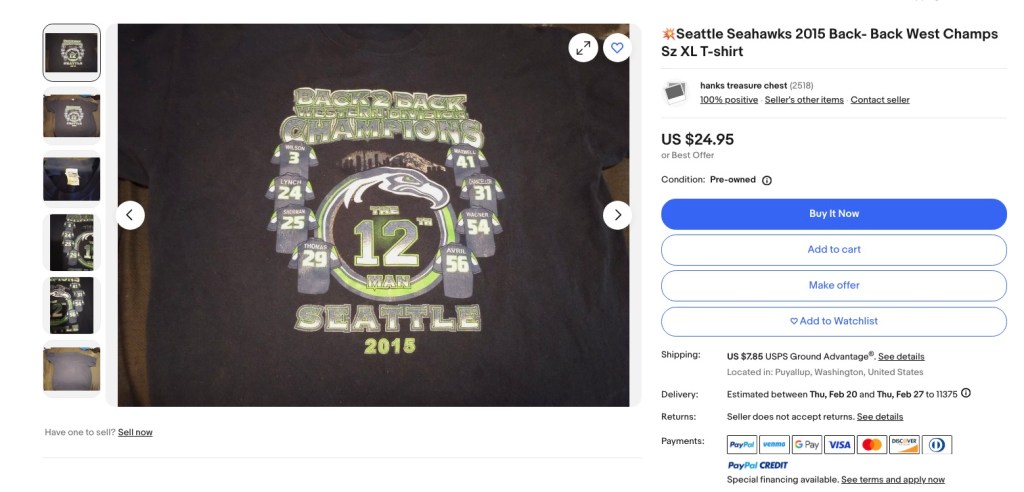 Despite the NFL's best efforts to send incorrect merchandise overseas, some gets into some individuals hands and sold on eBay. This shirt is on sale on eBay for $24.95, incorrectly declaring the Seattle Seahawk's back-to-back champions in 2015, despite the New England Patriots winning that year.