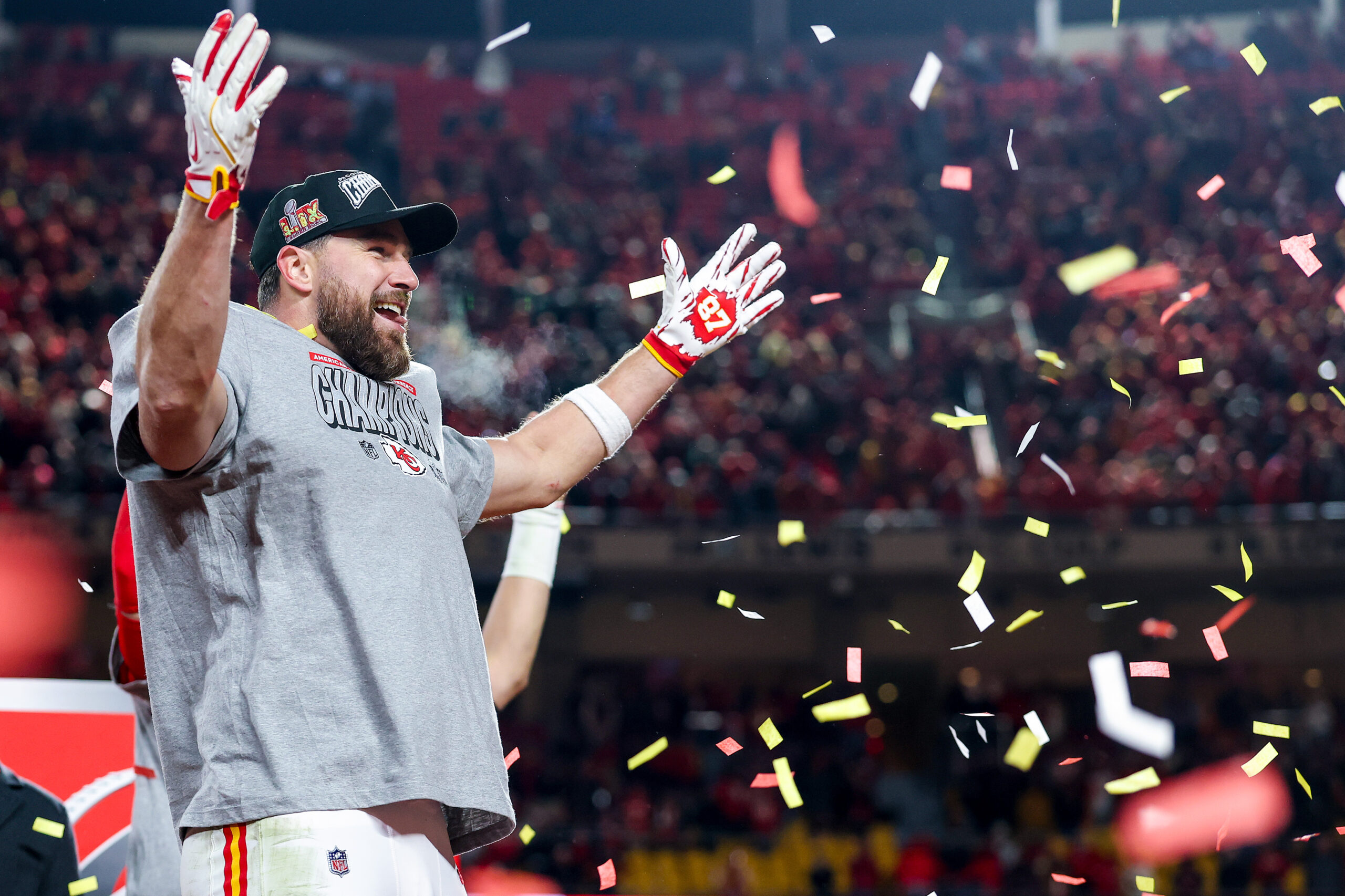 Travis Kelce #87 of the Kansas City Chiefs celebrates after defeating the Buffalo Bills 32-29 in the AFC Championship Game at GEHA Field at Arrowhead Stadium on January 26, 2025 in Kansas City, Missouri.