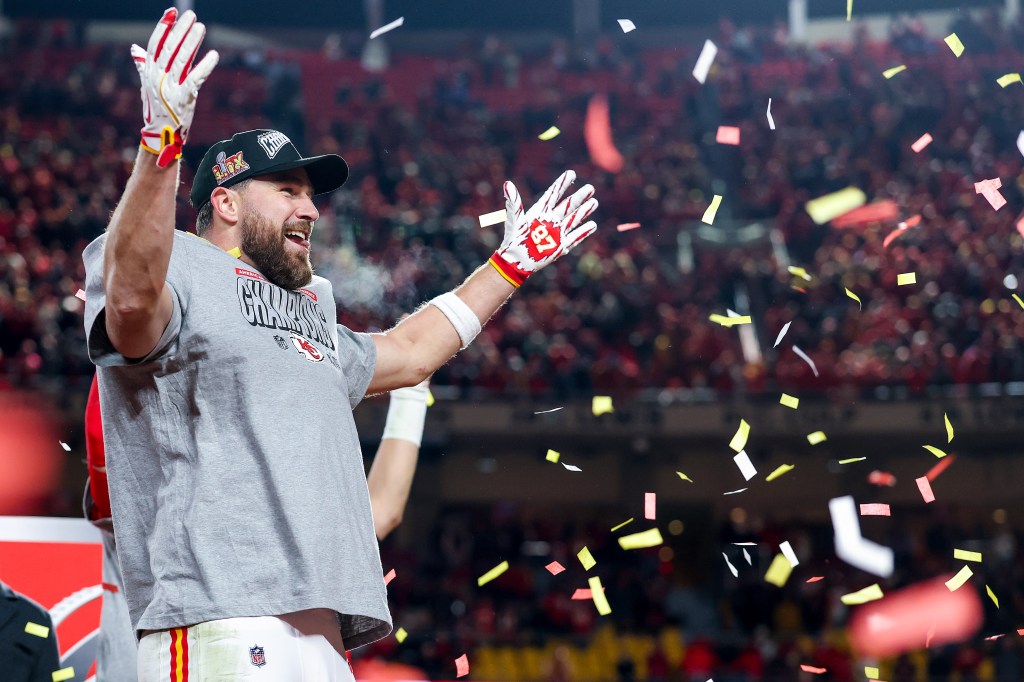 Travis Kelce #87 of the Kansas City Chiefs celebrates after defeating the Buffalo Bills 32-29 in the AFC Championship Game at GEHA Field at Arrowhead Stadium on January 26, 2025 in Kansas City, Missouri.