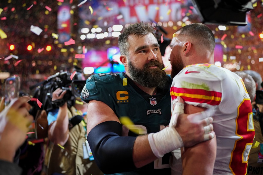 Jason Kelce and Travis Kelce in the 2023 Super Bowl.