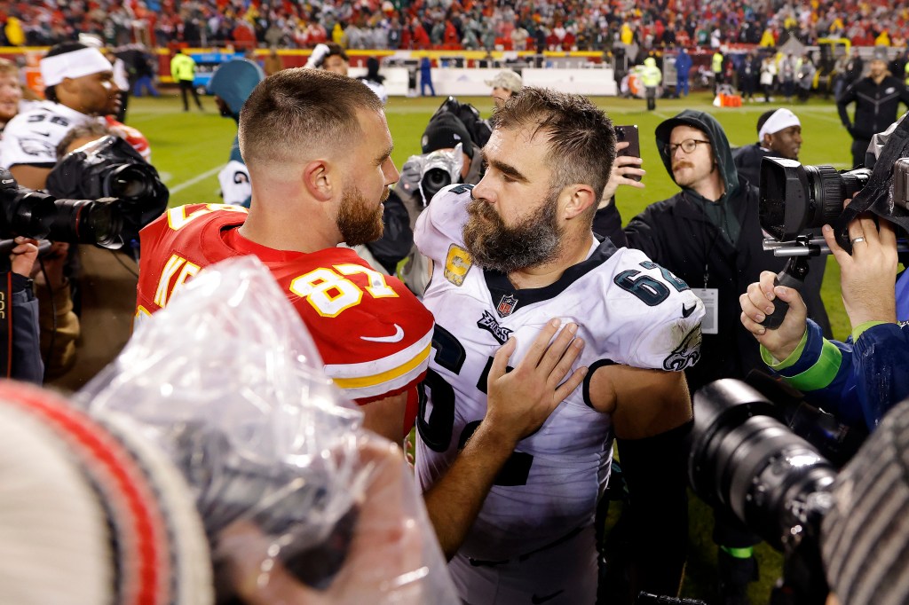 Jason Kelce and Travis Kelce in 2023.