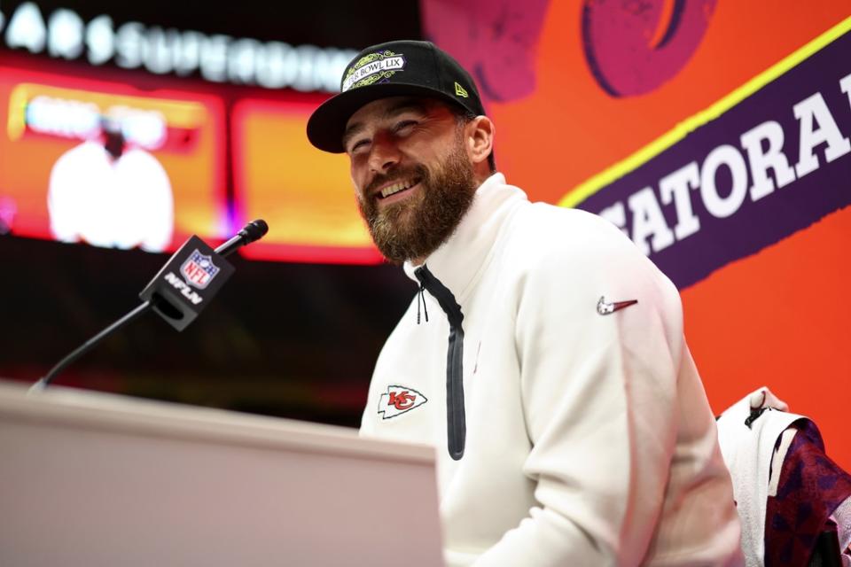 Travis Kelce attends a press conference ahead of 2025 Super Bowl