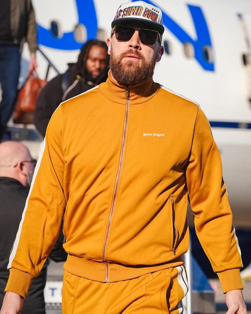 Travis Kelce arrived in New Orleans with the Kansas City Chiefs ahead of the 2025 Super Bowl in a Palm Angels tracksuit. chiefs/Instagram