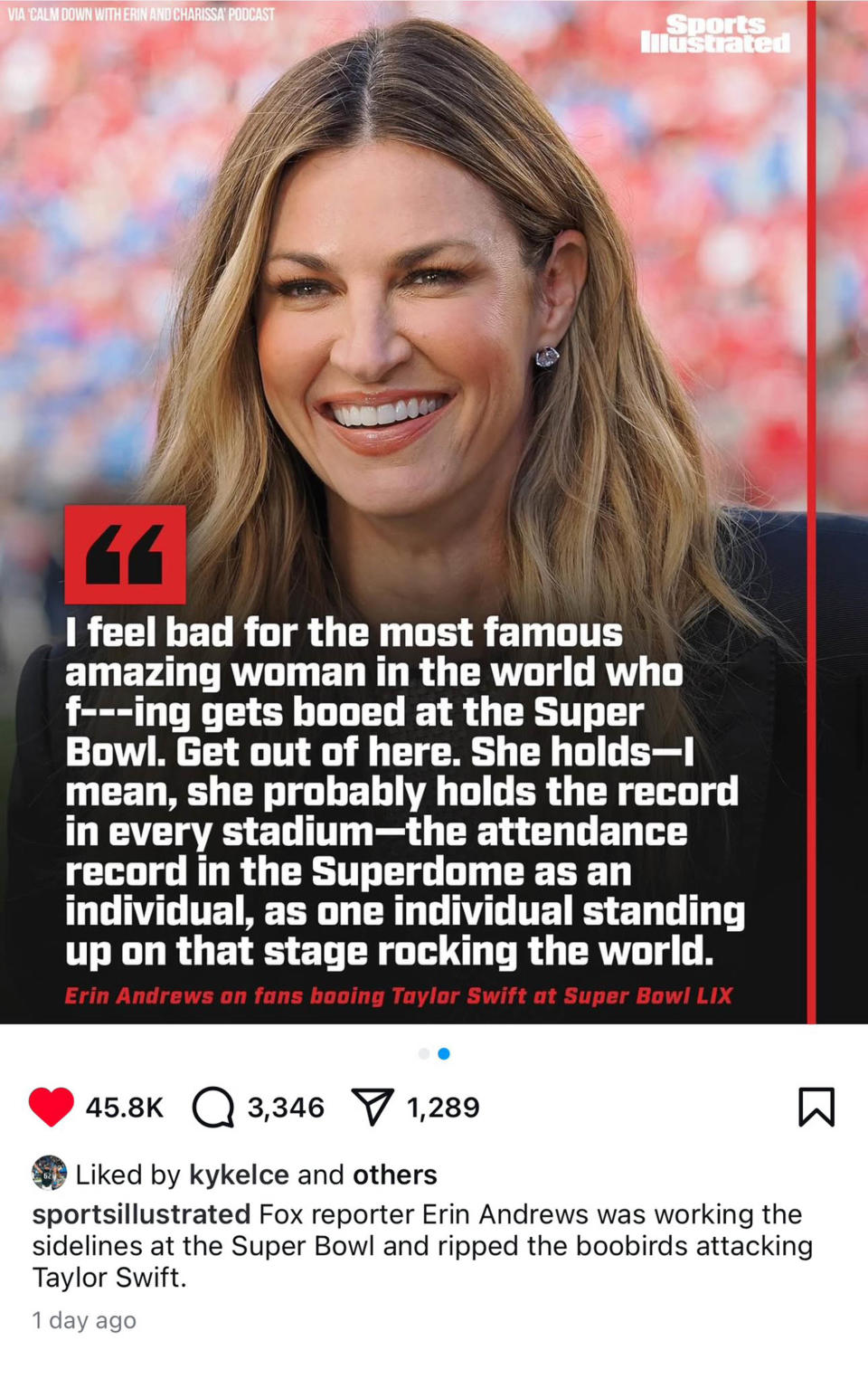 Kylie Kelce “liked” an Instagram post about Erin Andrews slamming NFL fans for booing Taylor Swift at the 2025 Super Bowl. sportsillustrated/Instagram