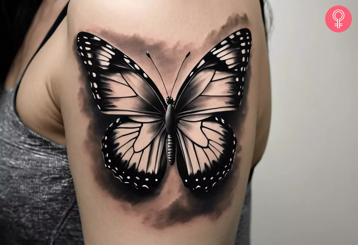 A realistic black and white 3D butterfly tattoo on the upper arm