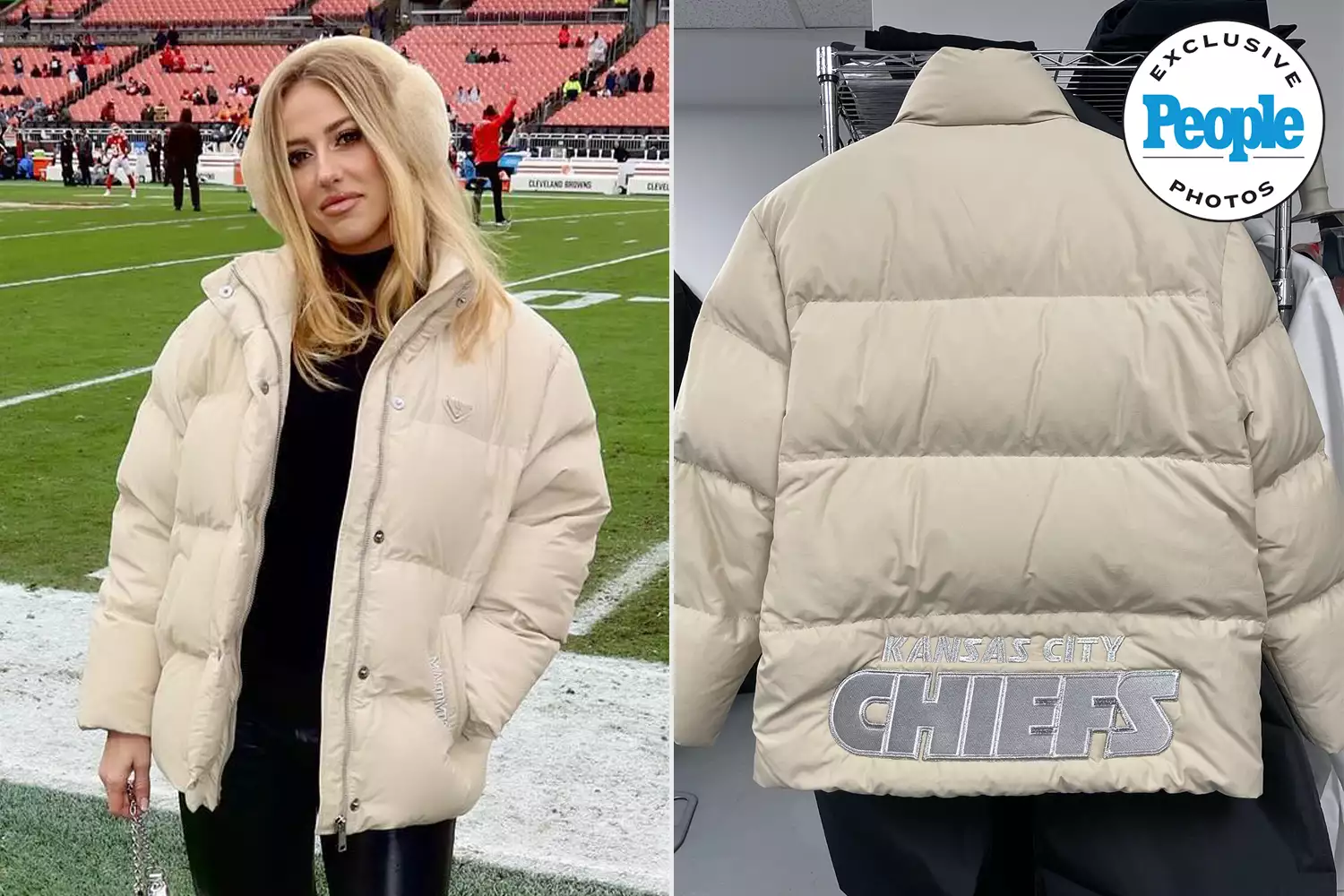 Brittany Mahomes Instagram; Brittany Mahomes Has Her $3,150 Cream Prada Puffer Customized with Chiefs Branding