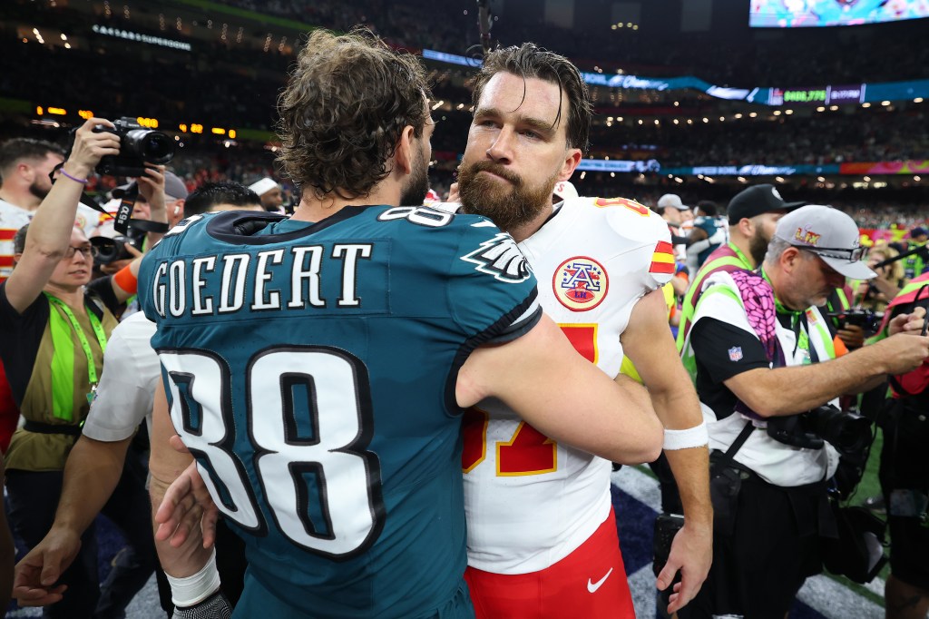 Travis Kelce and Dallas Goedert at the 2025 Super Bowl.