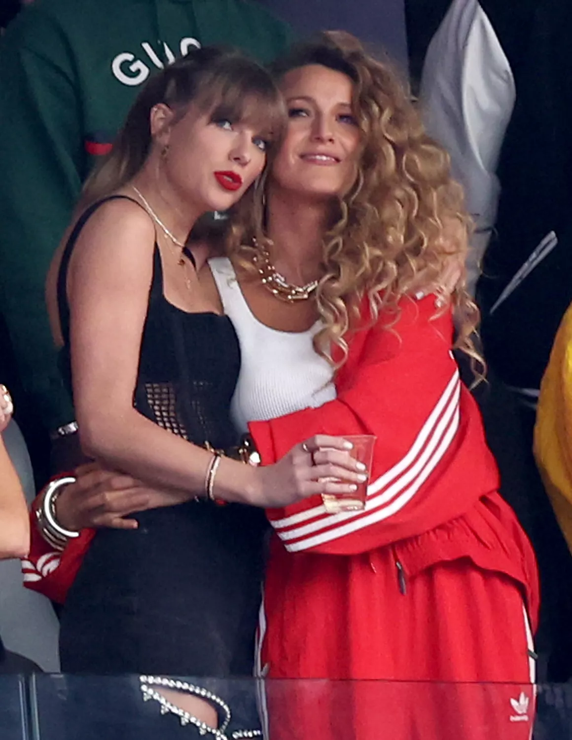 Taylor Swift and actress Blake Lively prior to Super Bowl LVIII between the San Francisco 49ers and Kansas City Chiefs at Allegiant Stadium on February 11, 2024 in Las Vegas, Nevada