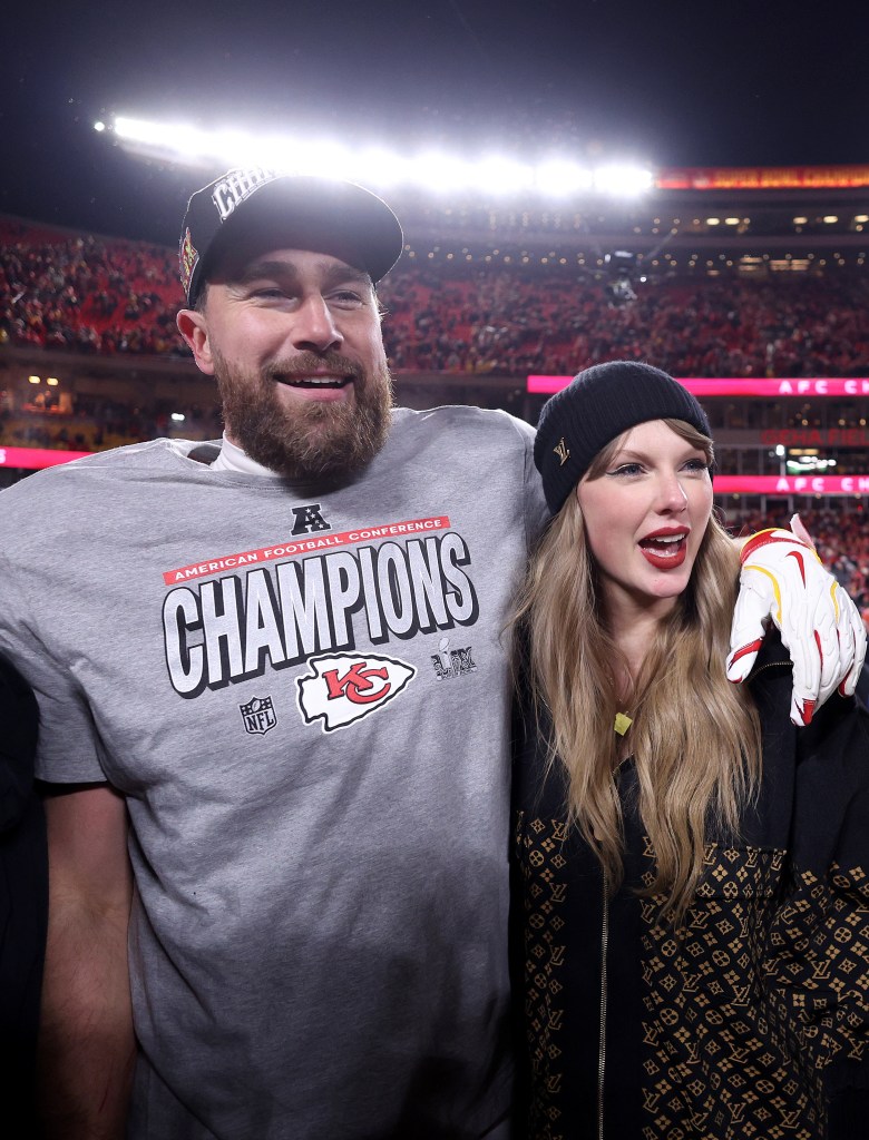 Taylor Swift celebrates with Travis Kelce #87 of the Kansas City Chiefs after defeating the Buffalo Bills 32-29 in the AFC Championship Game at GEHA Field at Arrowhead Stadium on January 26, 2025 in Kansas City, Missouri.