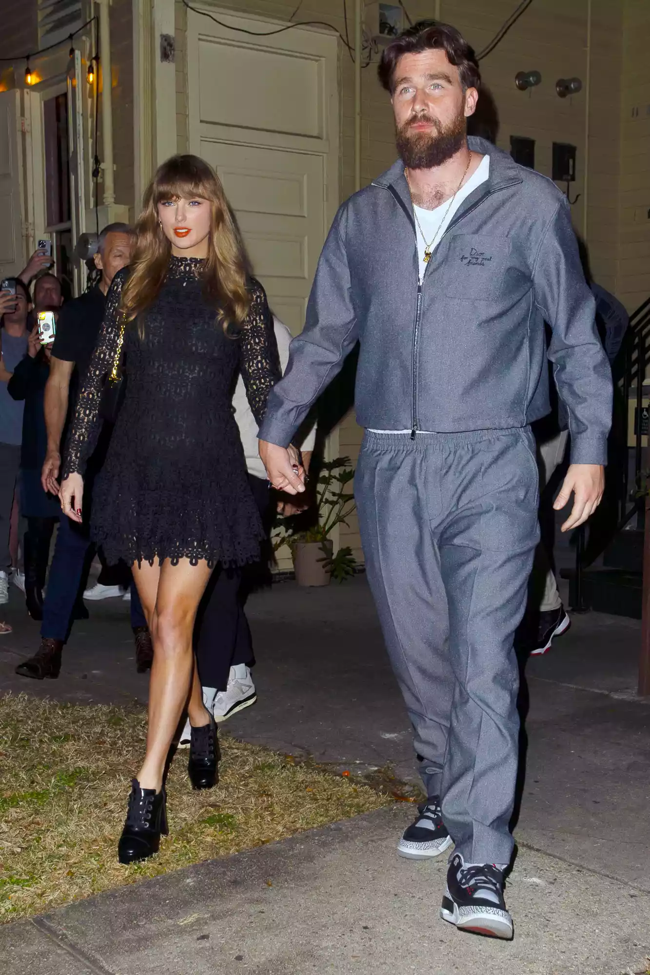 Taylor Swift and Travis Kelce head to dinner in New Orleans. The coupler were joined by Travis's teammate Patrick Mahomes and his wife Brittany for dinner at Lilette restaurant ahead for Super Bowl LIX.