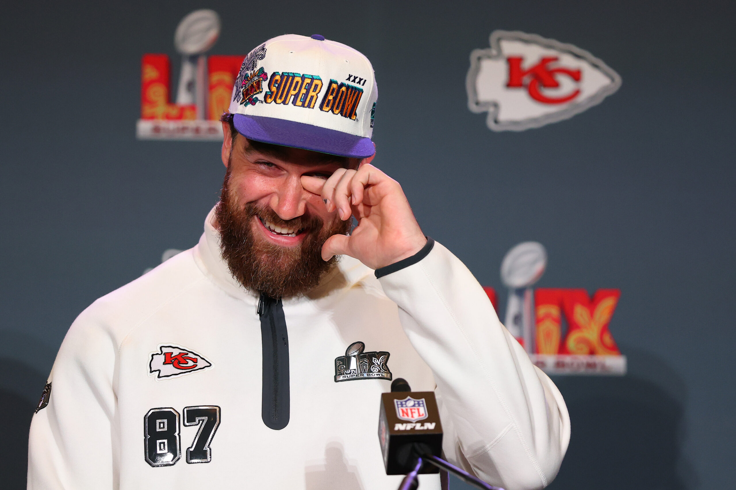 Travis Kelce #87 of the Kansas City Chiefs talks during media availability prior to Super Bowl LIX at the New Orleans Marriott on February 06, 2025 in New Orleans, Louisiana.