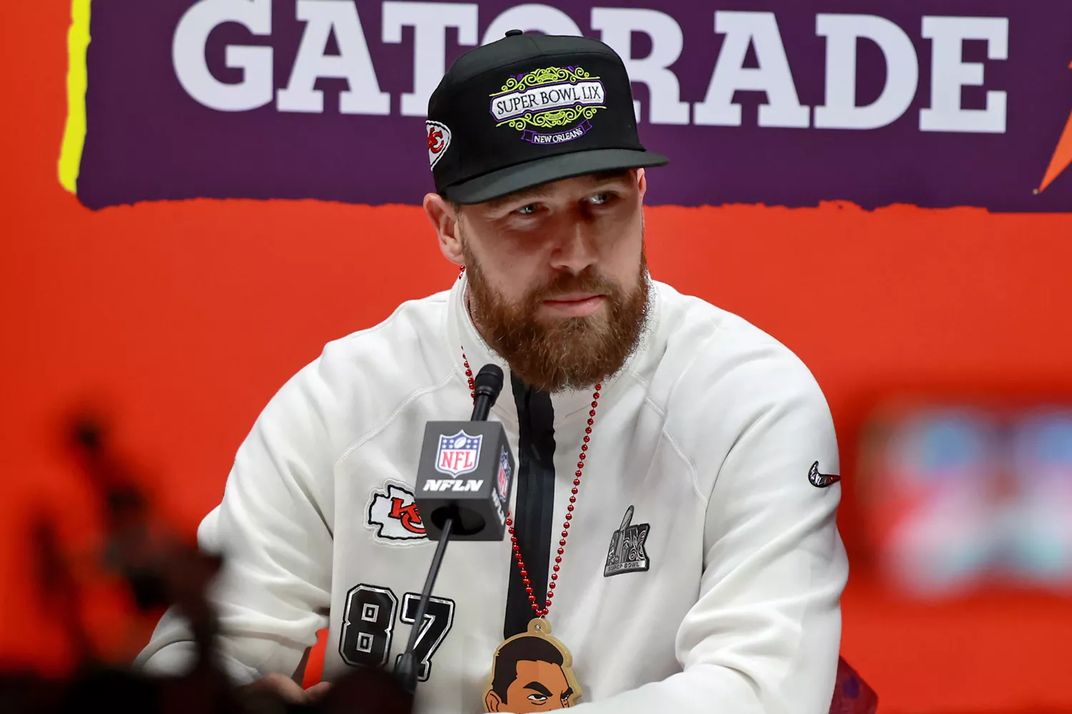 Kansas City Chiefs tight end Travis Kelce answers questions inside the Caesars Superdome during the Super Bowl Opening Night on February 3, 2025 in New Orleans, Louisiana. 