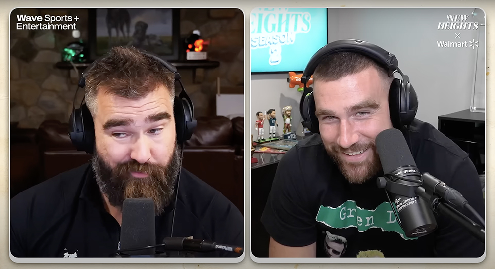 Jason Kelce and Travis Kelce on their "New Heights" podcast.