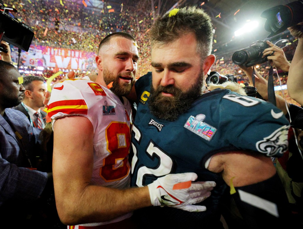 Travis Kelce and Jason Kelce at February 2023 Super Bowl