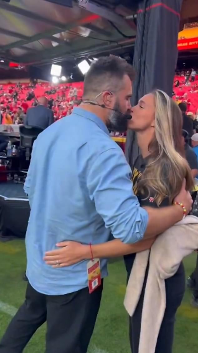 Jason and Kylie Kelce shared a kiss on the Arrowhead Stadium field on Monday night