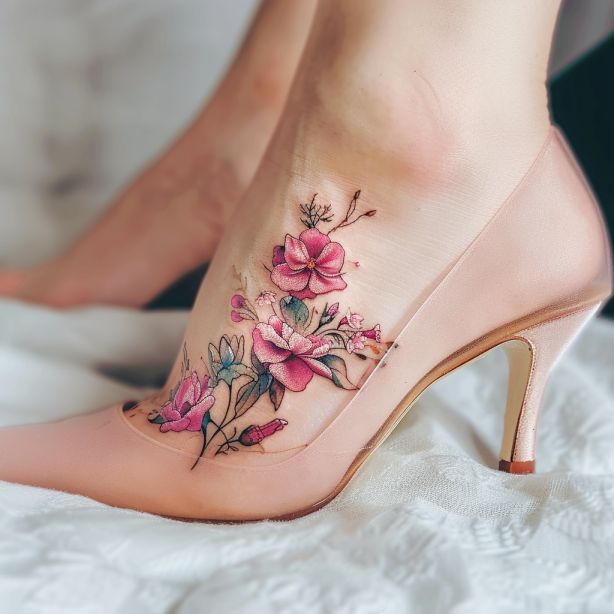 This may contain: a woman's foot with pink flowers on it and a tattoo design on the ankle