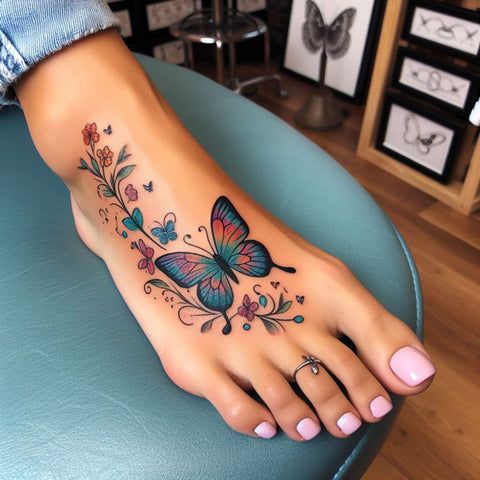 This may contain: a woman's foot with a butterfly tattoo on it