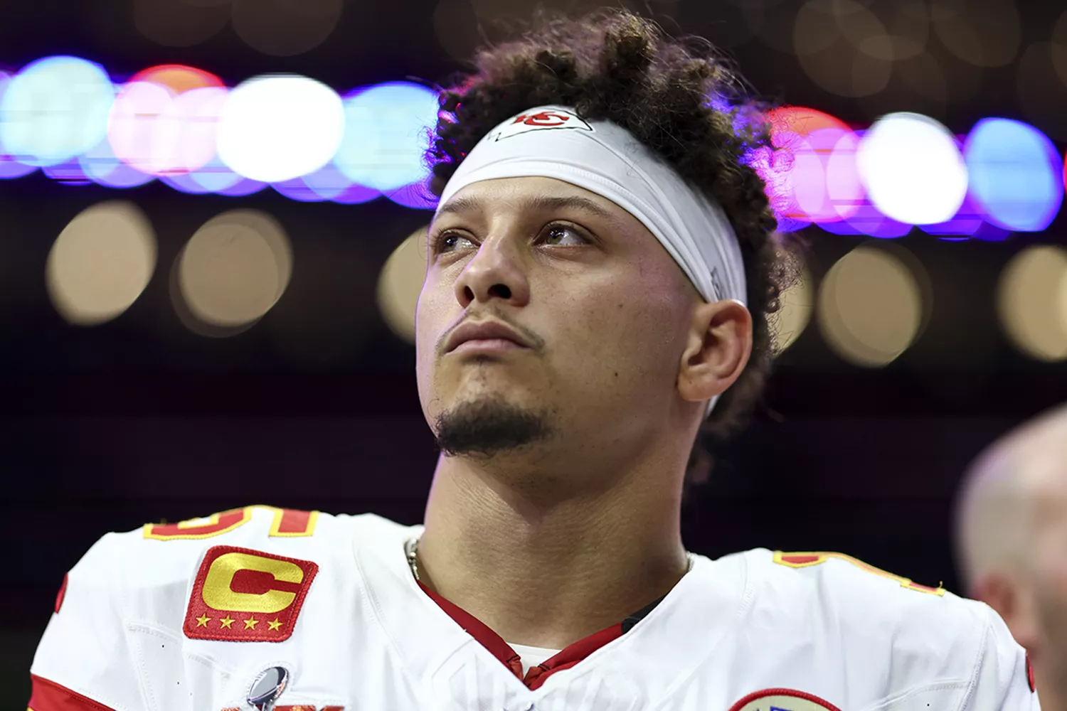 Patrick Mahomes #15 of the Kansas City Chiefs stands for the national anthem before Super Bowl LIX against the Philadelphia Eagles at Caesars Superdome