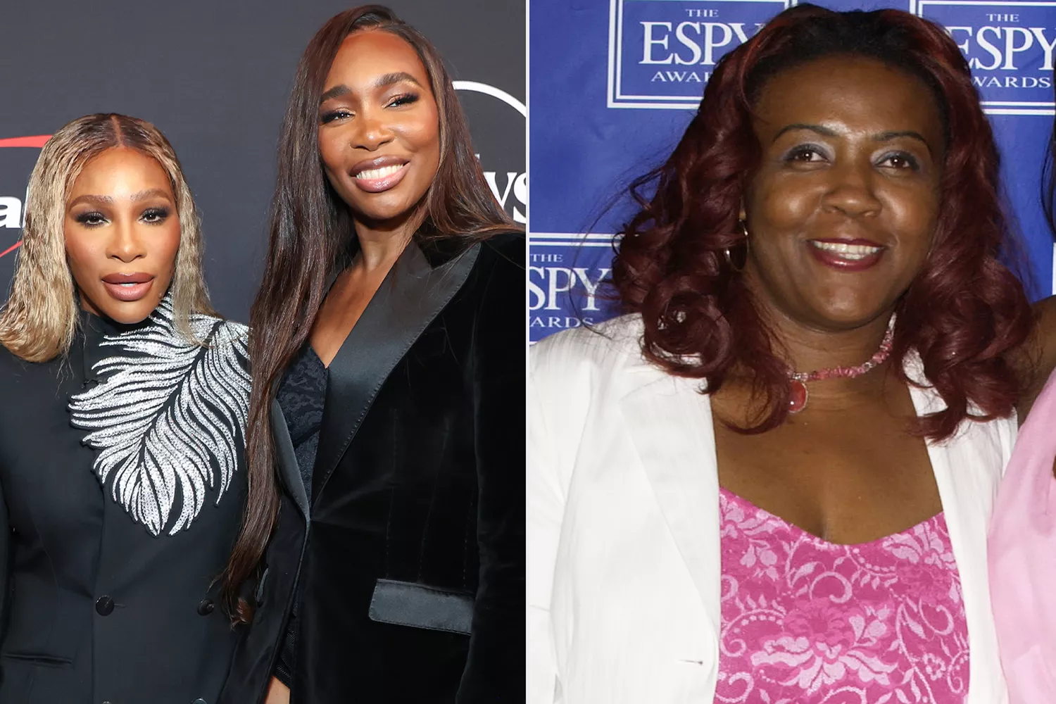 Serena Williams and Venus Williams attend the 2024 ESPY Awards at Dolby Theatre on July 11, 2024 in Hollywood, California ; Yetunde Price during 2003 ESPY Awards at Kodak Theatre in Hollywood, California.