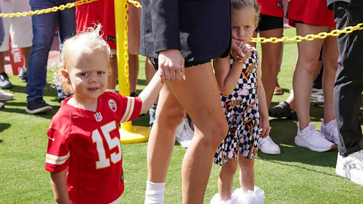 Brittany Mahomes poses with children Bronze and Sterling on field prior to a game between the Kansas City Chiefs and Cincinnati Bengals at GEHA Field at Arrowhead Stadium. Brittany Mahomes poses with children Bronze and Sterling on field prior to a game between the Kansas City Chiefs and Cincinnati Bengals at GEHA Field at Arrowhead Stadium.