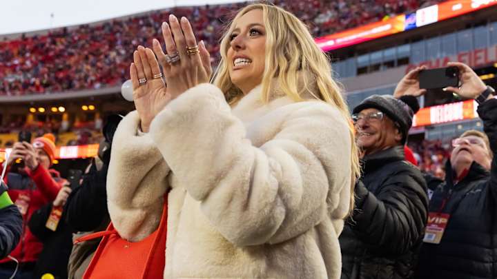 Brittany Mahomes on the sidelines before the AFC Championship game against the Buffalo Bills at GEHA Field at Arrowhead Stadium. Brittany Mahomes on the sidelines before the AFC Championship game against the Buffalo Bills at GEHA Field at Arrowhead Stadium.