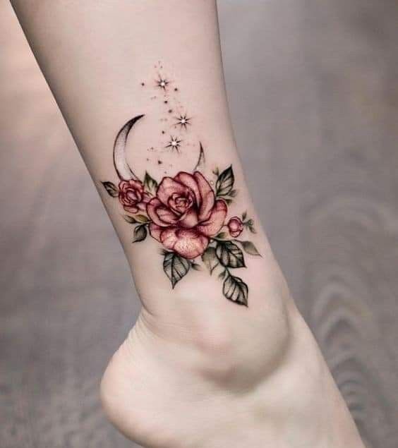 Rose and crescent moon ankle tattoo, unique and romantic combination