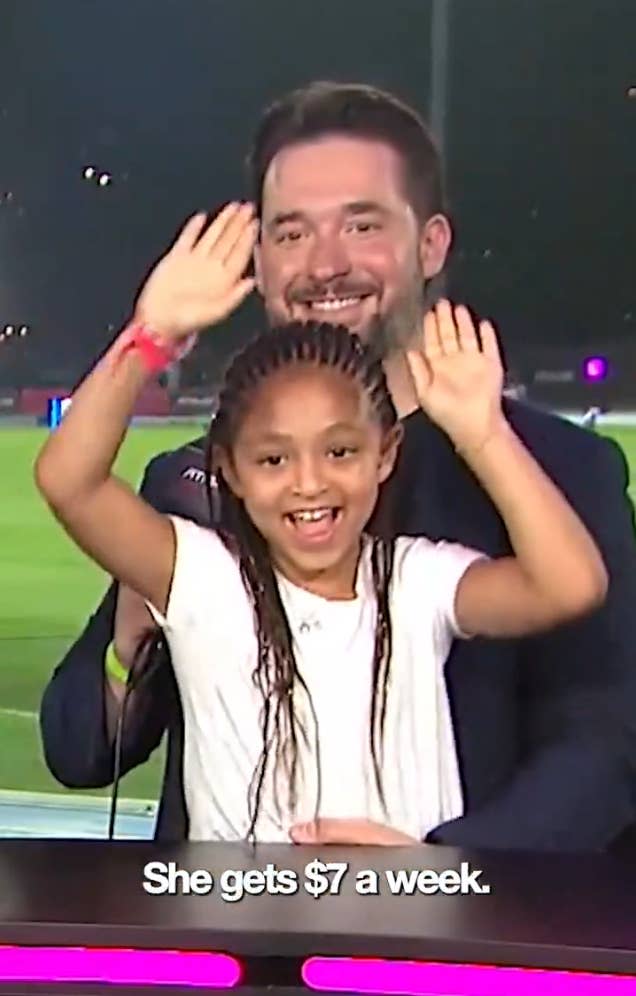 Man with a beard and smiling child waving on a sports field, caption below reads: "She gets $7 a week."