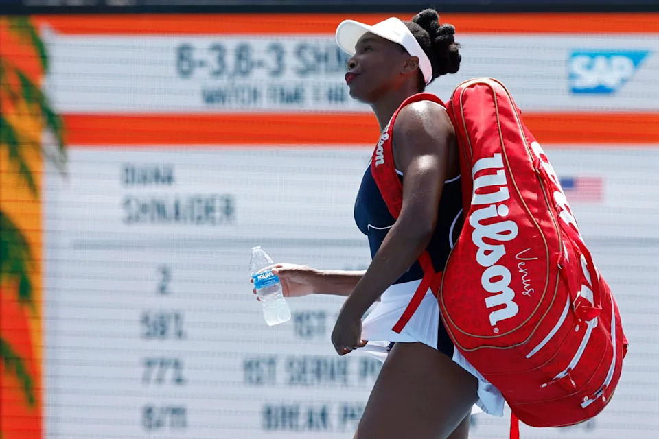 Mar 19, 2024; Miami Gardens, FL, USA; Venus Williams (USA) leaves the court after her match against Diana Shnaider (not pictured) on day two of the Miami Open at Hard Rock Stadium.Geoff Burke-USA TODAY Sports