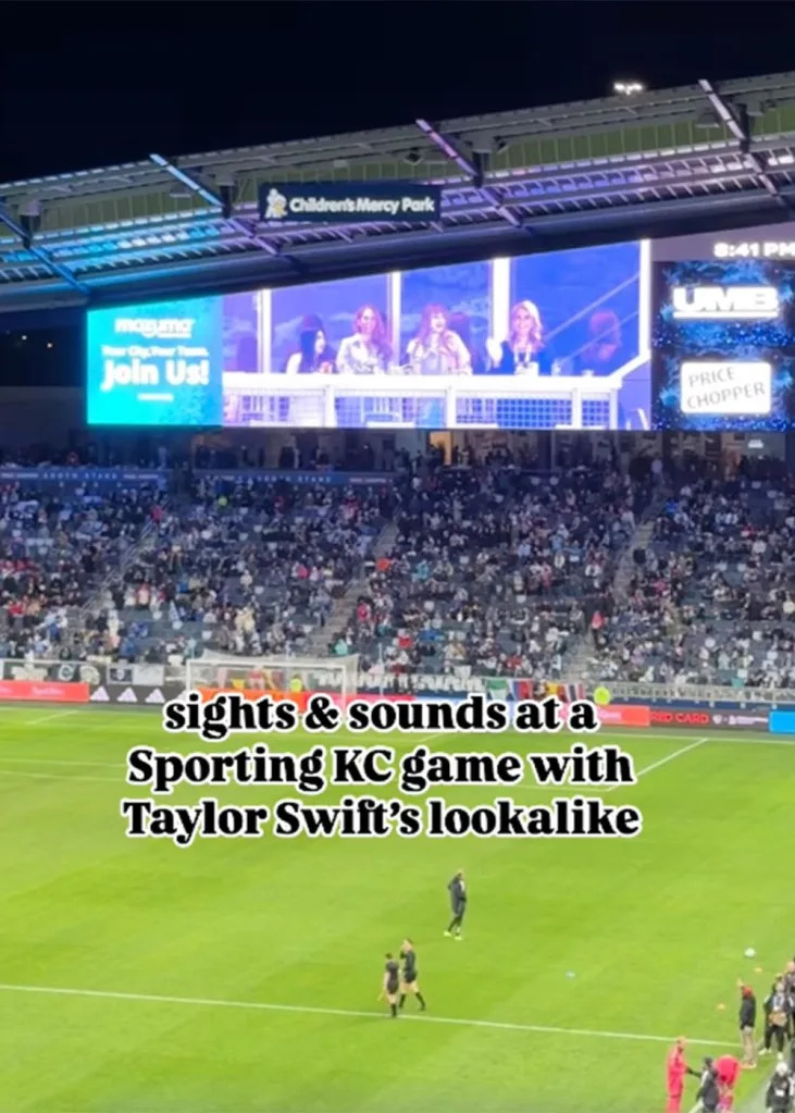 Fans mistook a Taylor Swift lookalike, Kelley Thrasher, for the singer at Sporting Kansas City’s 2-0 victory over St. Louis on Saturday, April 5, 2025. Instagram/excene.spencer