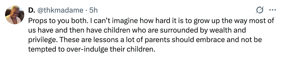 Tweet praising two people for raising children without overindulgence in a wealthy environment
