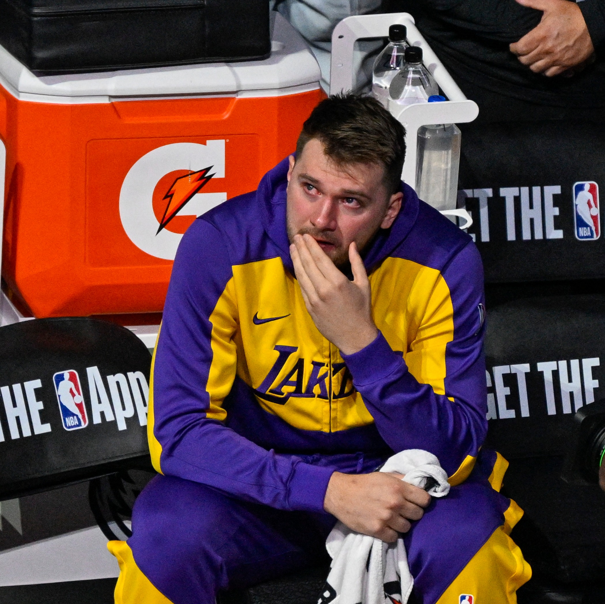 Luka Dončić of the Los Angeles Lakers sits on the bench.