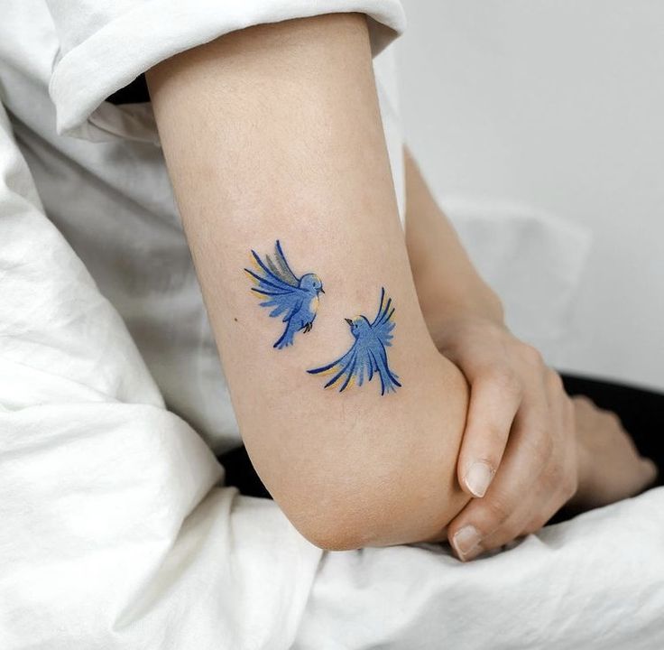 This may contain: two blue birds tattoo on the arm