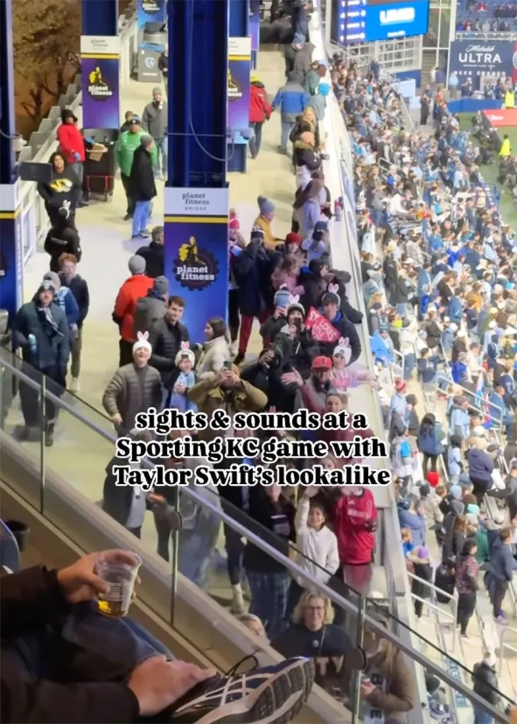 Fans mistook a Taylor Swift lookalike, Kelley Thrasher, for the singer at Sporting Kansas City’s 2-0 victory over St. Louis on Saturday, April 5, 2025. Instagram/excene.spencer