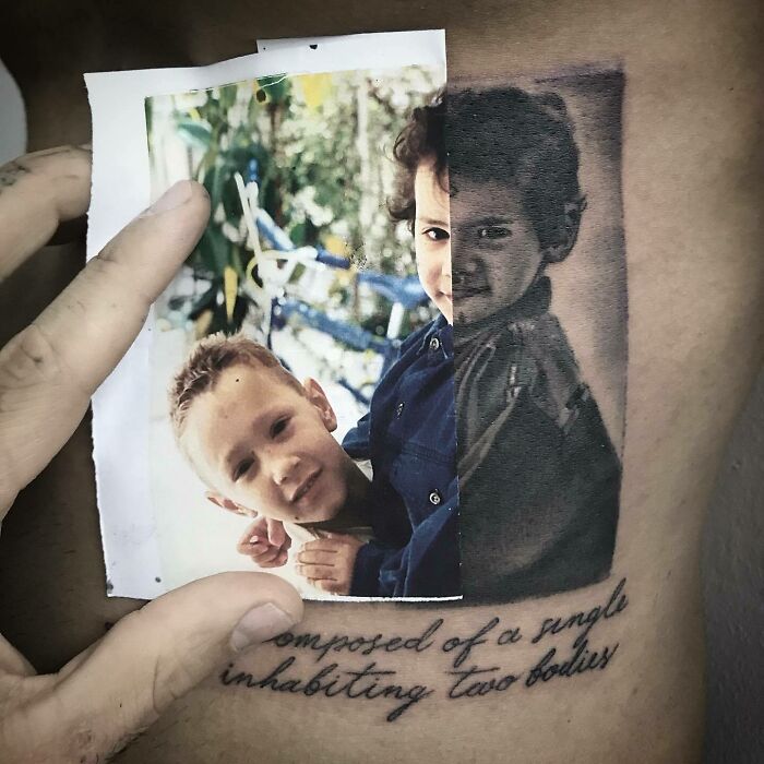 Family tattoo featuring children's photo with a heartfelt quote symbolizing unbreakable bonds. Family tattoo featuring children's photo with a heartfelt quote symbolizing unbreakable bonds.