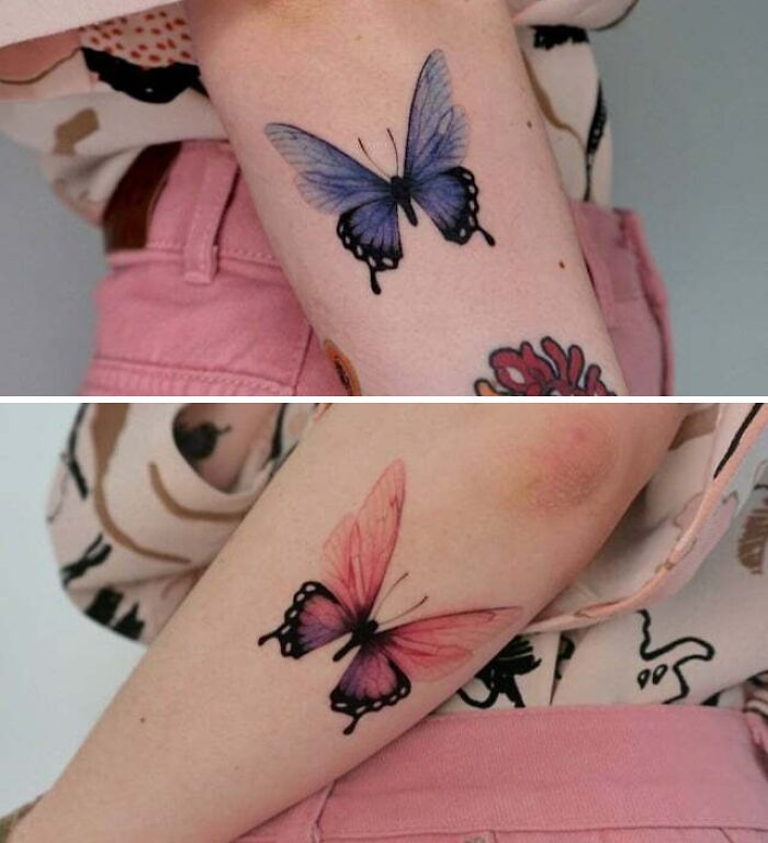 Colorful butterfly tattoos on arms, featuring vibrant blue and pink designs. Colorful butterfly tattoos on arms, featuring vibrant blue and pink designs.