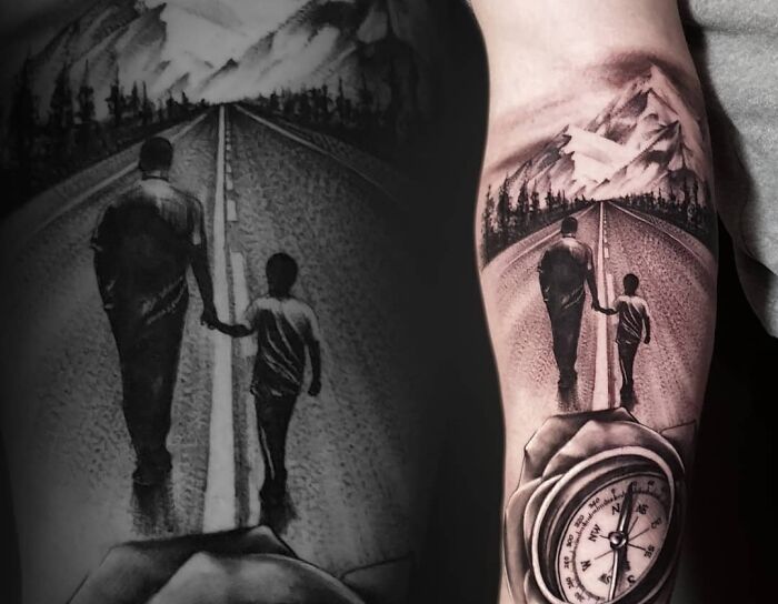 Tattoo of a family bond with a parent and child walking on a road towards mountains, symbolizing unbreakable connections. Tattoo of a family bond with a parent and child walking on a road towards mountains, symbolizing unbreakable connections.