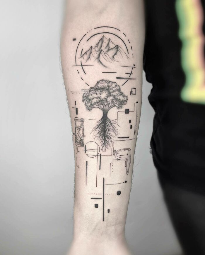Abstract family tattoo design with a tree, mountains, and geometric elements symbolizing unbreakable bonds. Abstract family tattoo design with a tree, mountains, and geometric elements symbolizing unbreakable bonds.