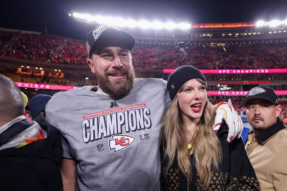 Taylor Swift celebrates with Travis Kelce #87 of the Kansas City Chiefs after defeating the Buffalo Bills 32-29 in the AFC Championship Game at GEHA Field at Arrowhead Stadium on January 26, 2025 in Kansas City, Missouri. Getty Images